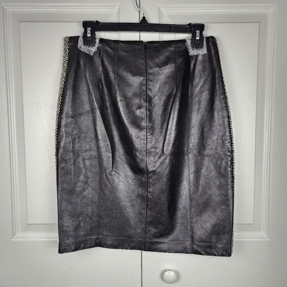 Vintage Laundry Shelli Segal Leather Wool Skirt 6 Herringbone Mixed Media 90s - Picture 4 of 15